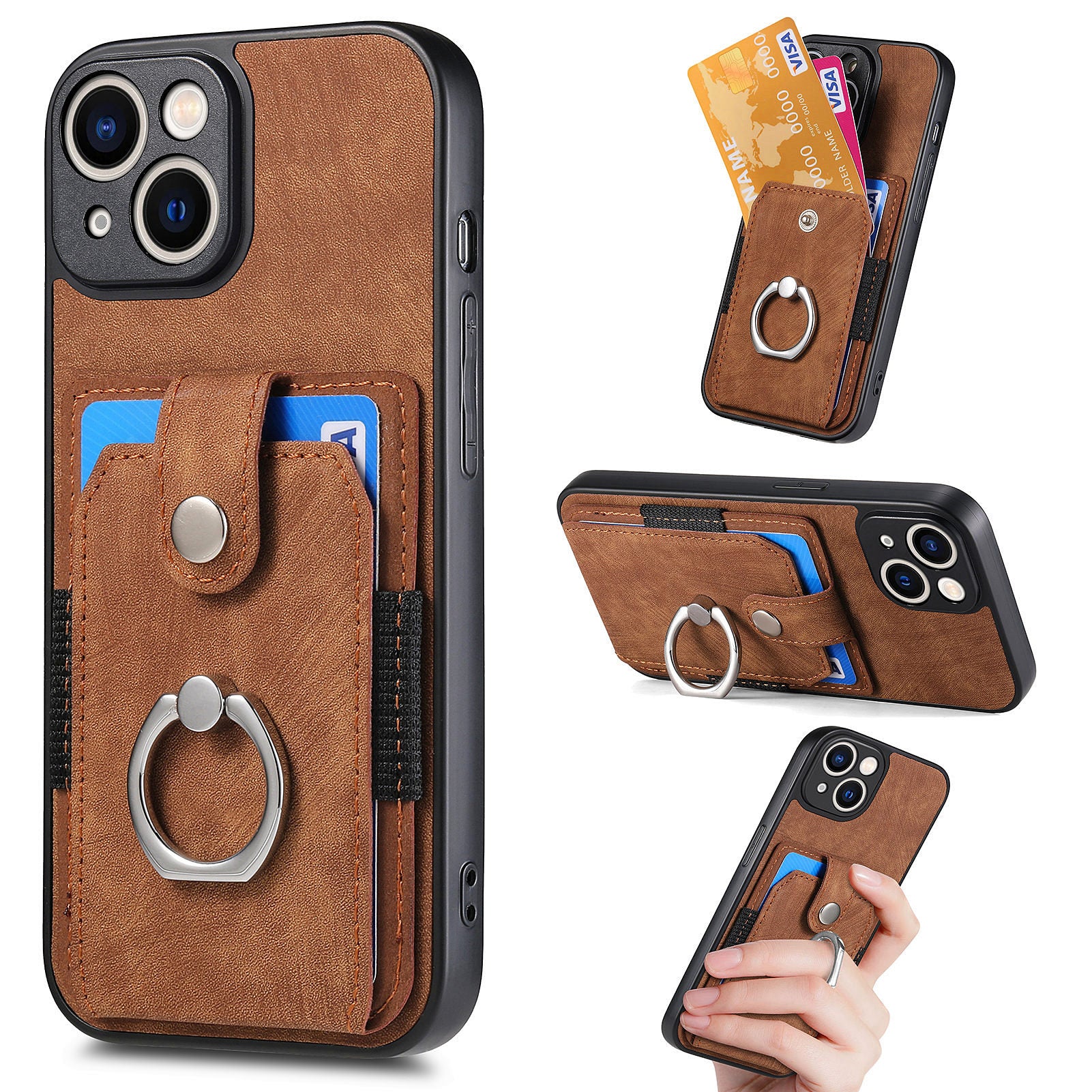 Pro iPhone 13 Ring Kickstand Držák karty Telefon Pouzdro PU kůže+PC+TPU ochranný kryt  Pro iPhone 13 Ring Kickstand Držák karty Telefon Pouzdro PU kůže+PC+TPU ochranný kryt